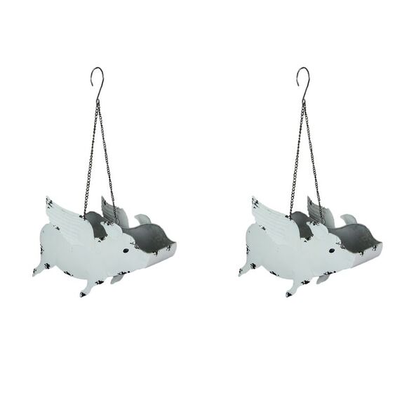 Set/2 White Painted Metal Flying Pig Hanging Planter Decor Succulent Flower Pot - Picture 1 of 8